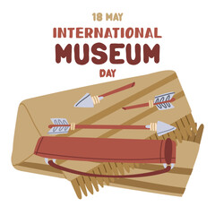 International Museum Day on May 18. An antique quiver with arrows on bedspread. Flat color illustration for use in posters, articles, and social media related to science and history. Square banner