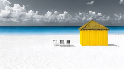 Naklejka premium Tropical Beach Scene, Yellow Beach Hut and Chairs on White Sand