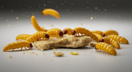 Naklejka premium Yellow Mealworm Larvae Feeding on Substrate
