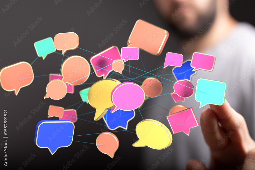 Poster Abstract image of interconnected speech bubbles, symbolizing communication, social media, and networking.