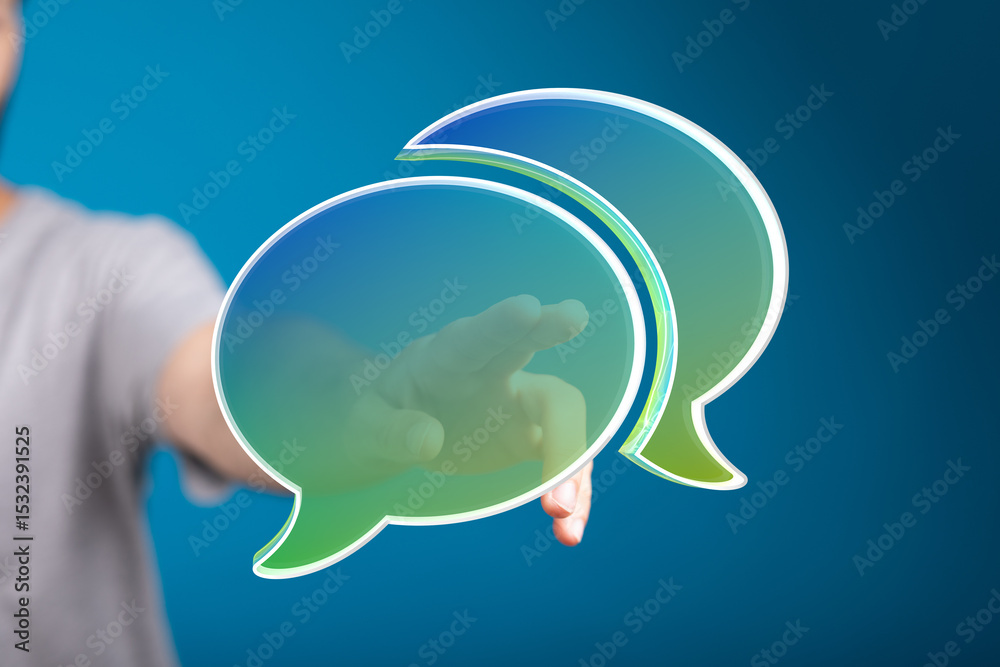 Poster Abstract image of a hand interacting with speech bubbles, representing digital communication and online conversation.