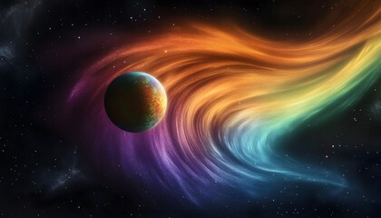 Colorful swirling nebula with a planet in the midst.