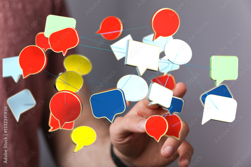 Poster Abstract image of interconnected speech bubbles, symbolizing global communication and networking.