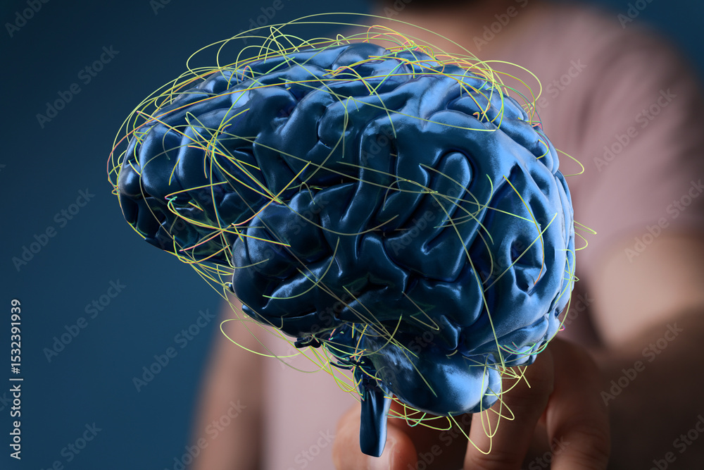 Aufkleber 3d rendering of a human brain with complex neural network connections. perfect for ai, neuroscience,