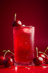 Cherry juice with cherries on a red background