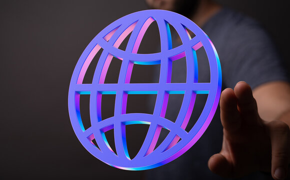 Abstract 3D globe icon, representing internet, global network, connection, and technology.