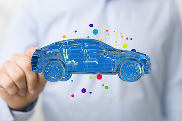 Innovative automotive design, digital car model, technological advancement, future vehicle concept.