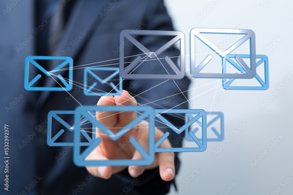 Poster image of interconnected email icons, symbolizing global communication and teamwork.