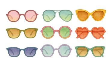 Png watercolor summer sunglasses set isolated on white background. concept of stylish eyewear, fashion accessories, colorful shades, summer essentials. illustration for art and design.