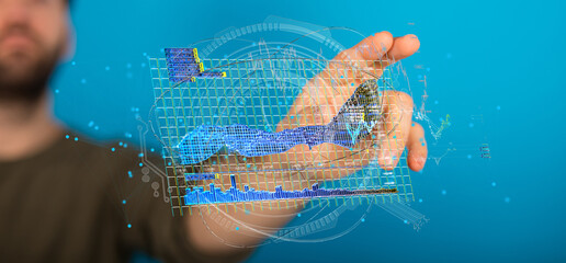 Person interacting with a digital holographic chart. Data analytics, business intelligence,...