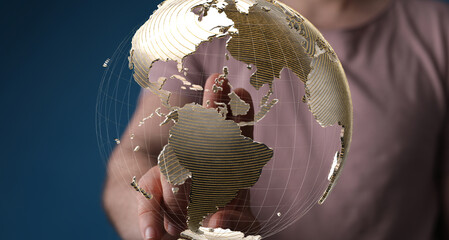 Abstract image of a hand interacting with a digital globe, representing global connections and...