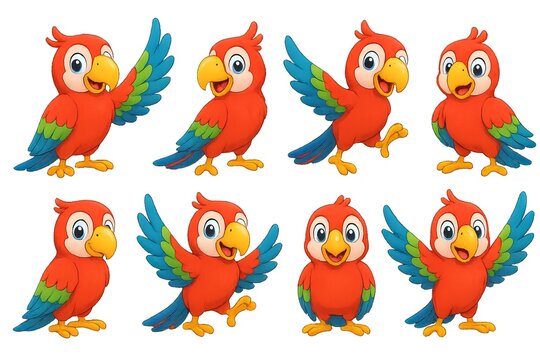 Png set of playful parrots macaw in various poses isolated on white background. concept of tropical bird illustration, cartoon parrot characters, vibrant animal art clip art