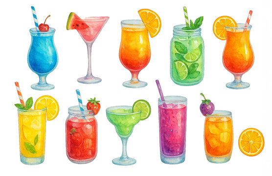 Png set of watercolor summer drinks with fruits and ice isolated on white background. concept of tropical beverages, party elements, exotic refreshing cocktails clip art