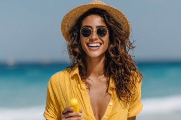 Woman enjoying sunshine at the beach while holding sunscreen, wearing sunglasses and a straw hat