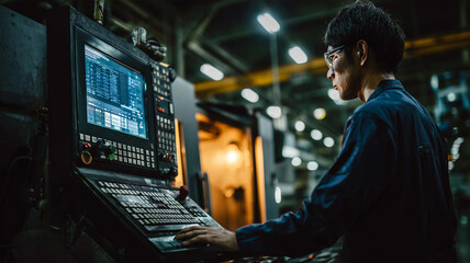 夜間シフトでCNC装置を操作する日本人作業員