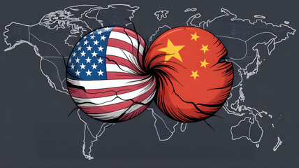 United States and China Tension Symbolic Illustration on World Map