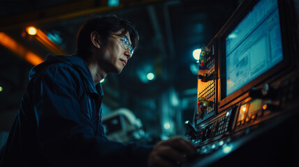 夜間シフトでCNC装置を操作する日本人作業員