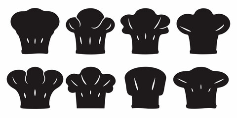 Collection of eight chef hats in black silhouette with varying shapes and styles on white background vector design
