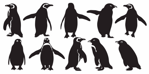 Naklejka premium Collection of ten penguin silhouettes in various poses against a white background image art drawing vector design