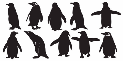A collection of penguin silhouettes in various poses against a white background display image vector design