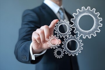 Businessman Interacting with Digital Gears in Modern Office Setting