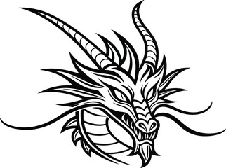 Stylized dragon head black and white illustration