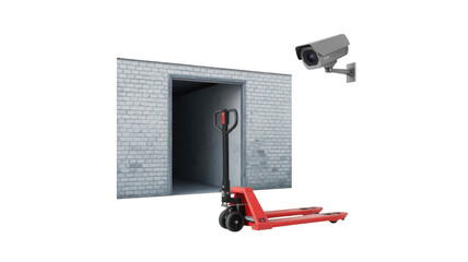 Red pallet jack parked near the entrance of a storage room with white brick walls, monitored by a security camera, on a transparent background