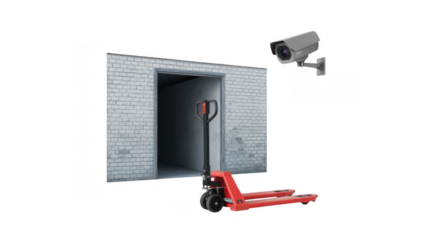 Red pallet jack parked near the entrance of a storage room with white brick walls, monitored by a security camera, on a transparent background