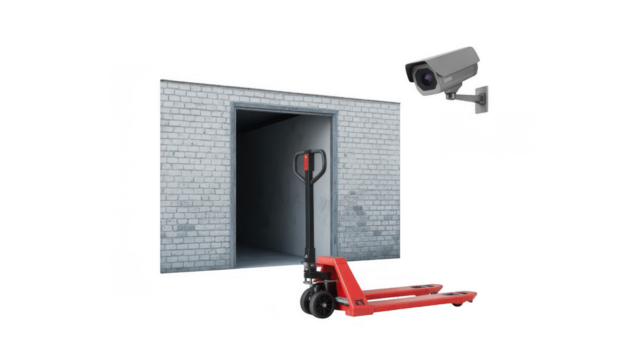 Red pallet jack parked near the entrance of a storage room with white brick walls, monitored by a security camera, on a transparent background