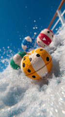 Floating colorful balls in turquoise water by cruise ship – playful summer detail for kids and family holiday content