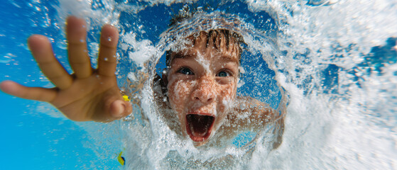 Excited boy underwater with bubbles – fun summer action aqua park and holiday portrait for kids and family content.