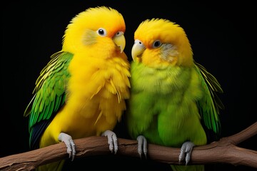 Beautiful Two Love Birds Sitting on a Branch Isolated on Black Background.

