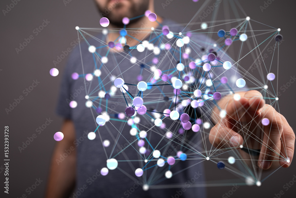 Poster Abstract image of a person interacting with a complex network visualization.