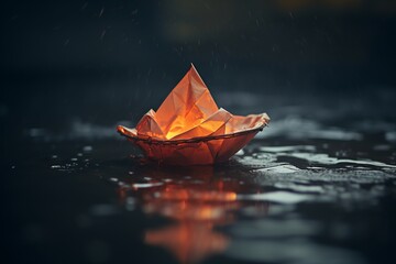 A glowing paper boat with a light floating in the dark water at night. It evokes freedom and peace.


