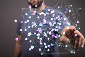 Abstract image of a person interacting with a complex network visualization.