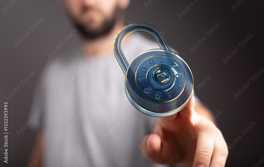 Poster Secure your data.  Image of a person interacting with a digital padlock.
