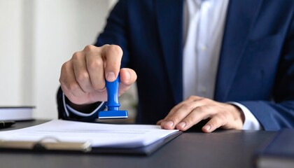 Hand man stamping documents notary public in office. Businessperson stamping approval of work finance banking or investment marketing documents on desk.