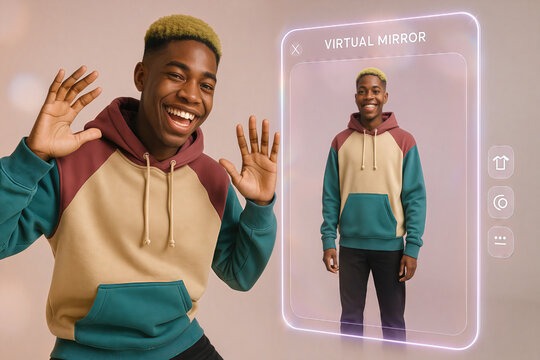 Happy young man using virtual mirror technology with colorful hoodie