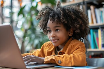 A child learning and improving digital literacy on a laptop, in a bright, well-lit classroom, exploring educational websites and tools 