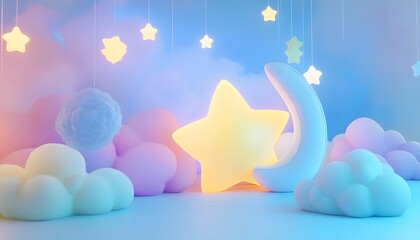 Pastel-colored scene of clouds, stars, and a moon.