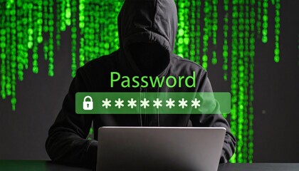 Hacker in silhouette targeting encrypted password data on a digital screen.