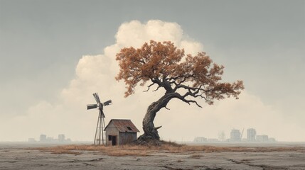 Lone Tree, Old Windmill, and Distant Cityscape