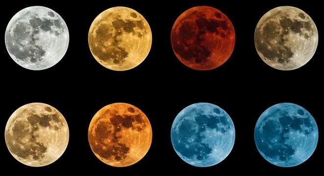 Collection of differently colored full moons against a black background