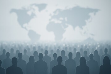 A conceptual image showing a large, anonymous crowd of human silhouettes in shades of gray, facing forward. In the background, a soft world map fades into a misty white gradient, 