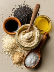 Overhead shot of tahini in a jar with sesame seeds oil salt and other ingredients on a beige surface