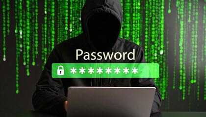 Hacker in silhouette targeting encrypted password data on a digital screen.