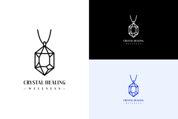 faceted crystal pendant hanging illustration, icon, vector logo for energy healing, meditation, spiritual, herbal healing, crystal healing wellness, natural, fitness, aura, and more