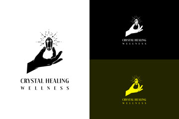 illustration of hand gently holding a single faceted crystal, vector logo for spiritual, crystal healing wellness, herbal healing, natural, energy, aura, health, fitness, and more