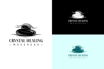 illustration of palm stones placed on a flat surface, vector logo for crystal healing wellness, herbal healing, natural, meditation, health, spiritual, energy healing, aura, and more