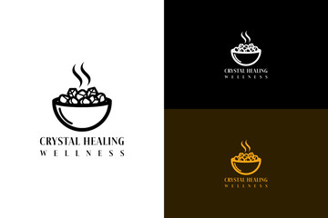 bowl filled with tumbled crystals vector illustration, icon, logo for meditation, fitness, natural healing, aura, energy, spiritual, herbal healing, health, wellness, crystal healing wellness and more